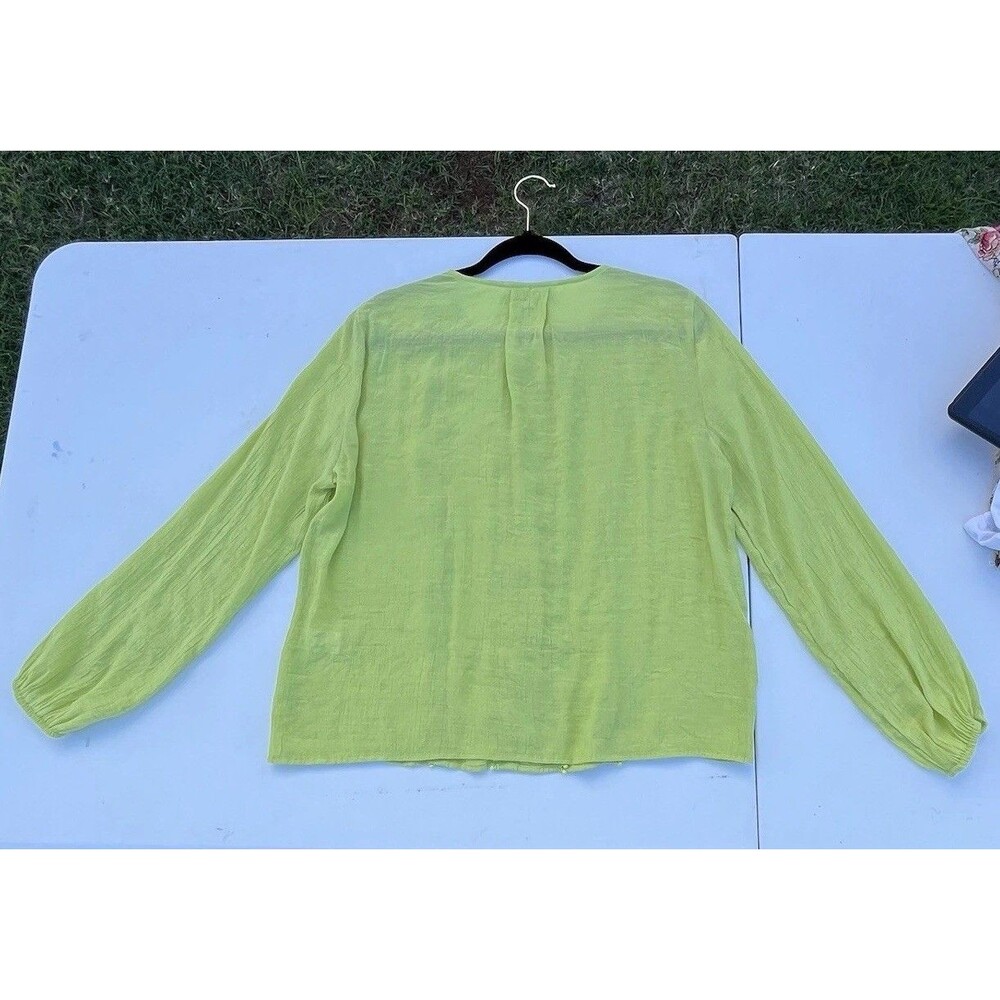 COUNTERPARTS LIME GREEN SIZE LARGE LONG SLEEVE BLOUSE with POM POM TRIM DETAILS - Picture 9 of 10